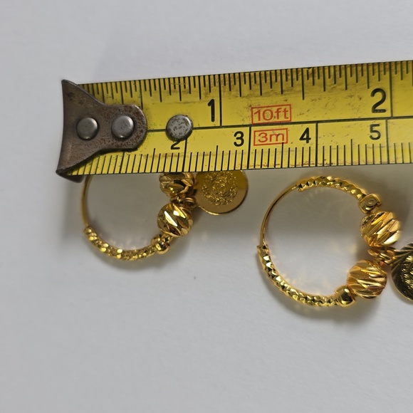 Vintage Dangle Hoop Earrings — Textured Beads & Coin Charms - Picture 5 of 5